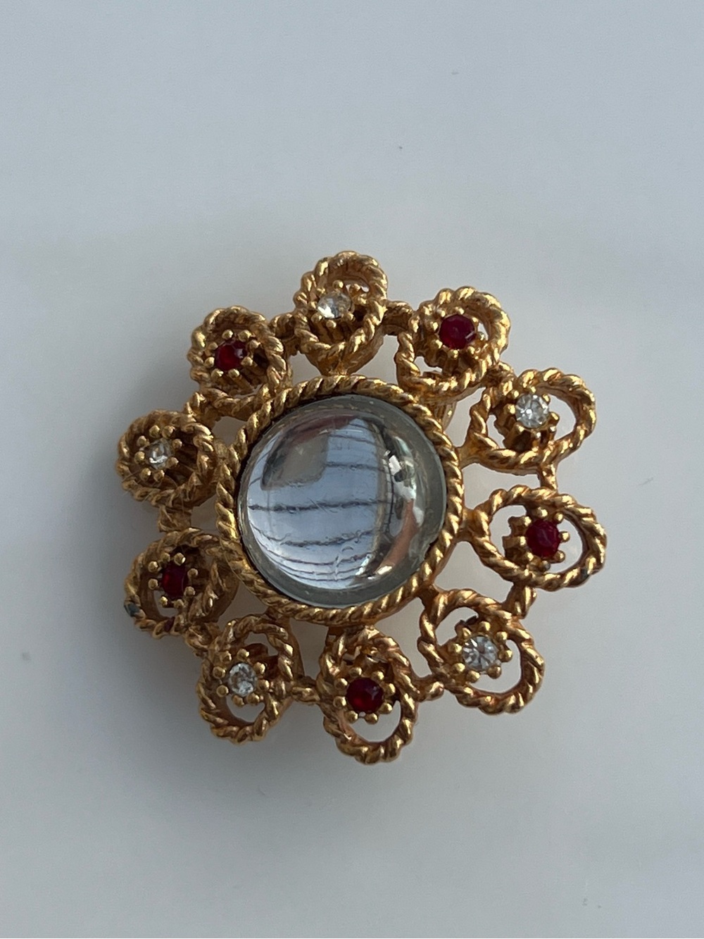 Vintage Gold Tone Cabochon Rhinestone Brooch Pin | Red & Clear Accent Jewelry